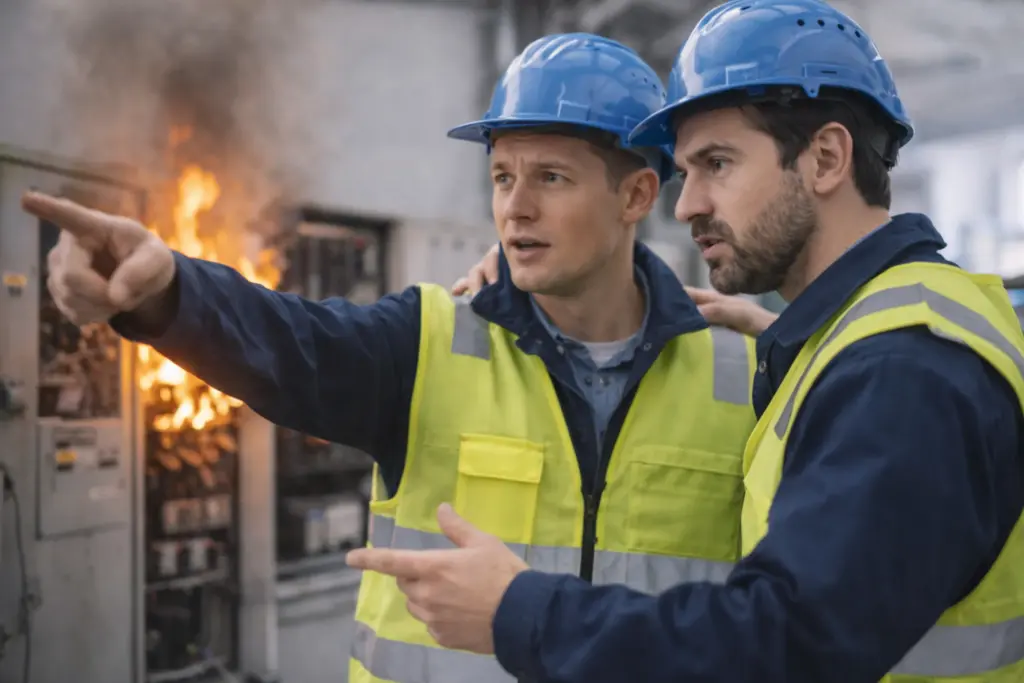Twee monteurs met veiligheidshelmen reageren op brand bij een elektrische kast tijdens een incident.