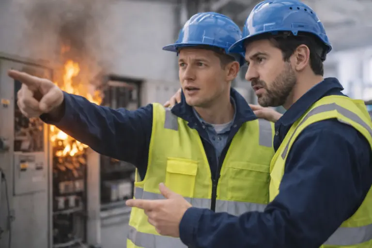 Twee monteurs met veiligheidshelmen reageren op brand bij een elektrische kast tijdens een incident.