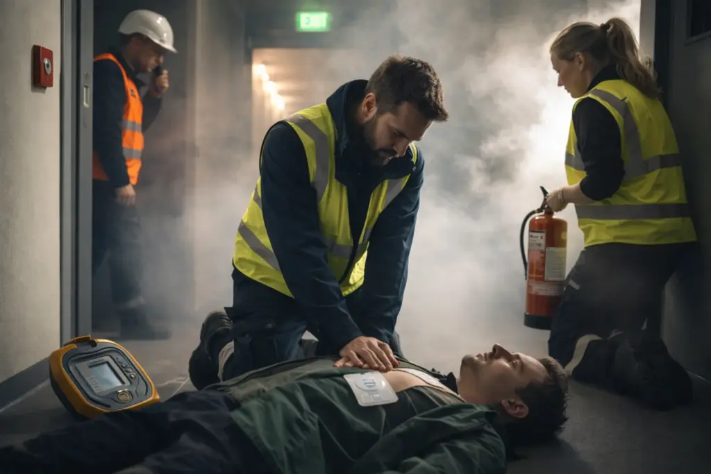 BHV oefensituatie in rokerige gang: hulpverlener geeft borstcompressies, collega staat klaar met brandblusser, derde persoon communiceert via portofoon; AED ligt klaar.