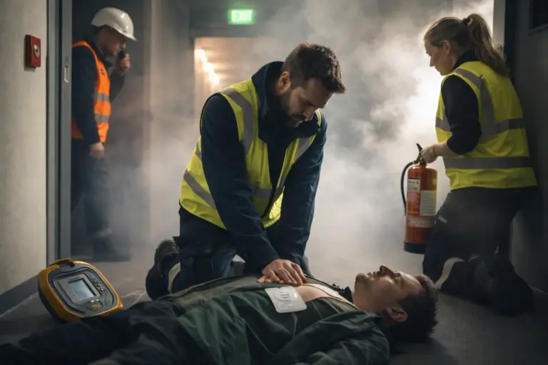 BHV oefensituatie in rokerige gang: hulpverlener geeft borstcompressies, collega staat klaar met brandblusser, derde persoon communiceert via portofoon; AED ligt klaar.
