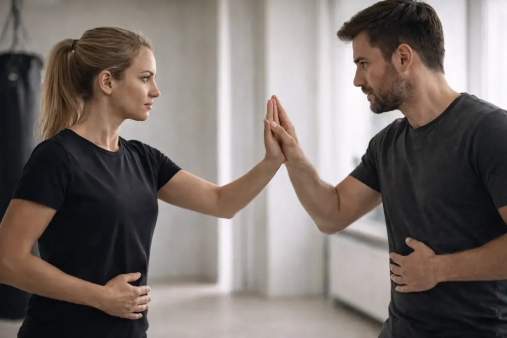 Twee personen oefenen een weerbaarheidstechniek met open handpalm als grenssignaal en steady oogcontact in een rustige trainingsruimte.