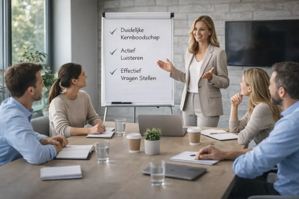 Trainer leading an effective communication training session with a small group of professionals in a modern meeting room.