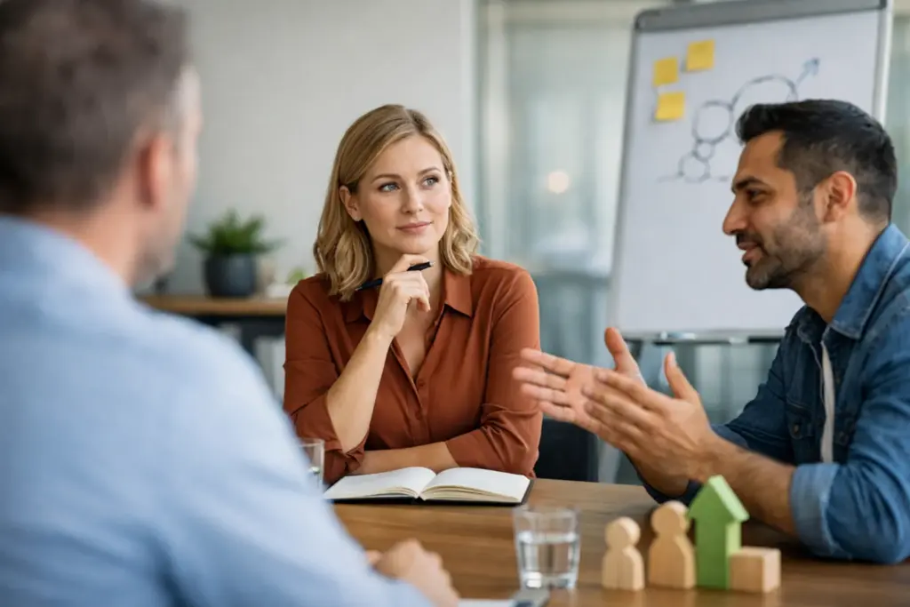Professionals in a feedback training session having a calm and constructive workplace discussion around a table.