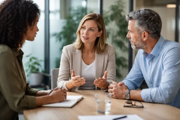 Three professionals in a calm workplace conversation, listening and speaking attentively during a constructive dialogue.