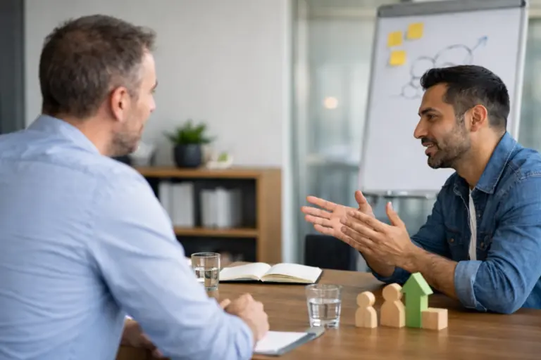 Two male professionals engaged in a calm feedback conversation during a workplace training session.