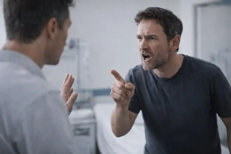 Man wijst boos naar andere man tijdens gespannen gesprek in professionele omgeving.