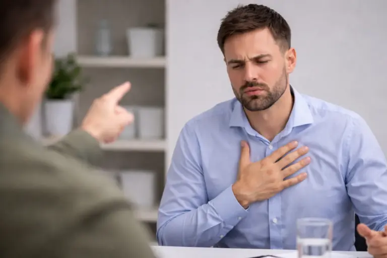 Man blijft rustig en ademt bewust terwijl iemand hem verwijtend aanspreekt aan tafel.