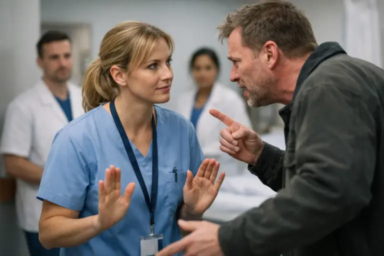 Nurse calmly de-escalating an aggressive patient in a hospital setting while colleagues observe in the background.