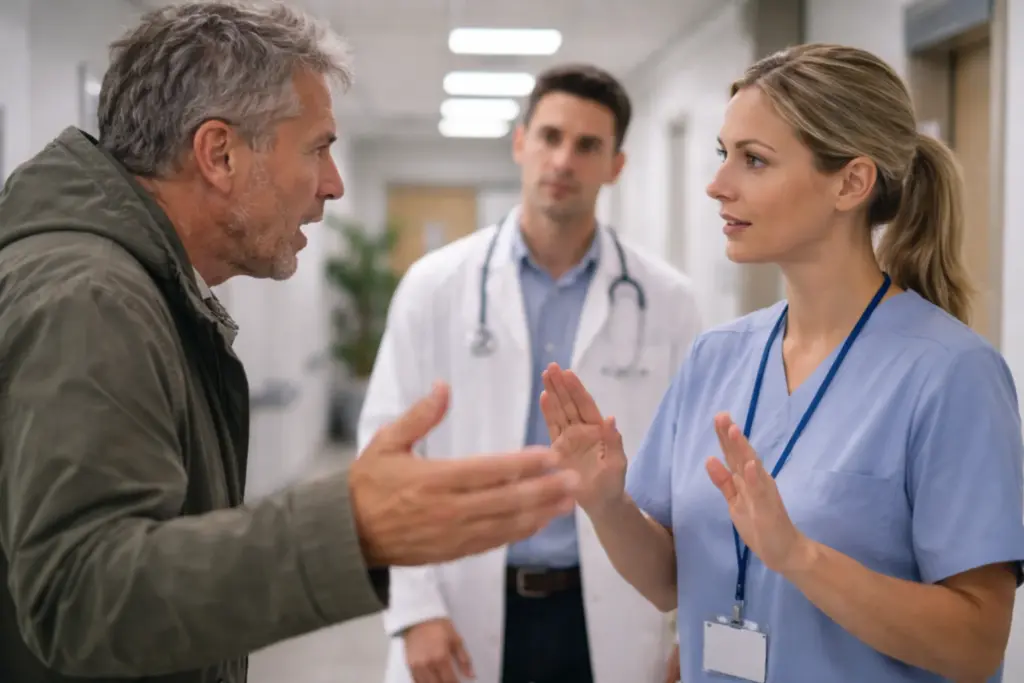 Zorgmedewerker blijft rustig terwijl boze man met opgeheven handen confronteert in gang van zorginstelling.