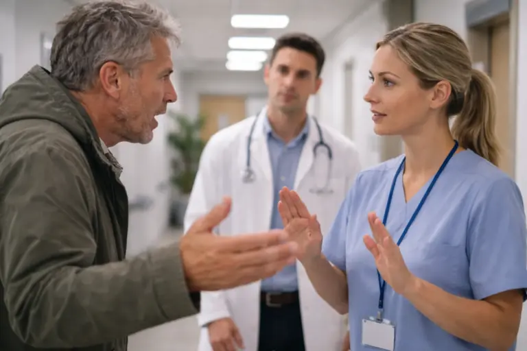 Zorgmedewerker blijft rustig terwijl boze man met opgeheven handen confronteert in gang van zorginstelling.