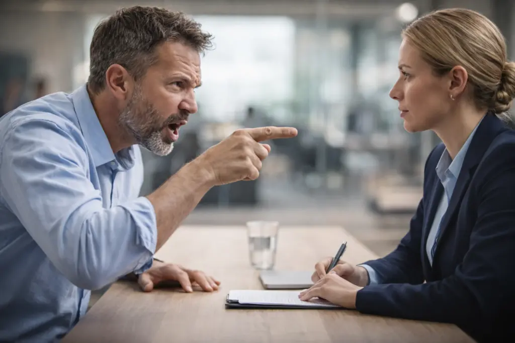 Professional calmly handling an angry customer during a tense business conversation at a desk