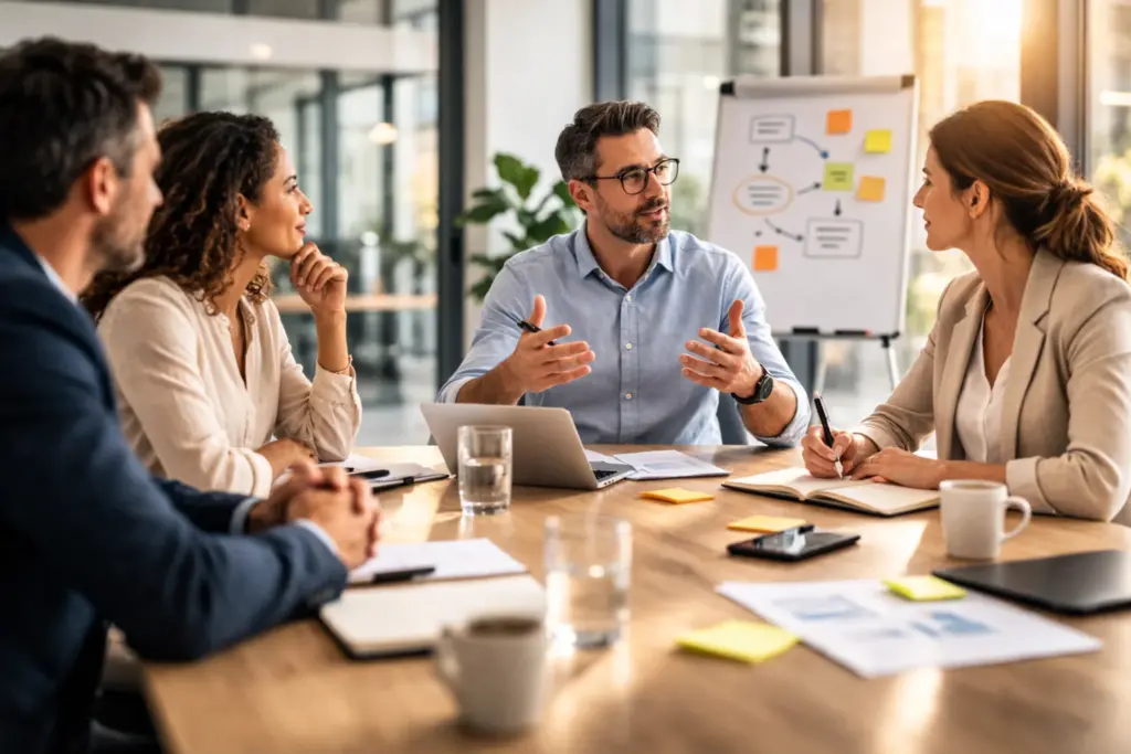 Teamoverleg in moderne kantoorruimte met focus op duidelijke communicatie