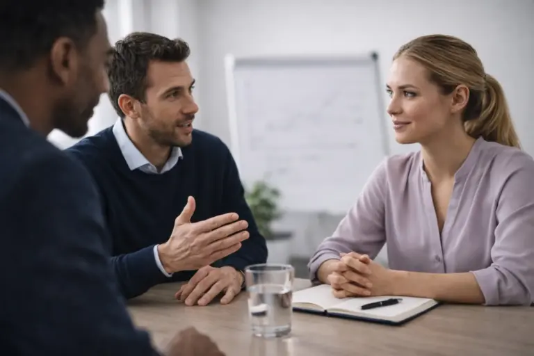 Professioneel gesprek tussen collega’s tijdens feedback of communicatietraining