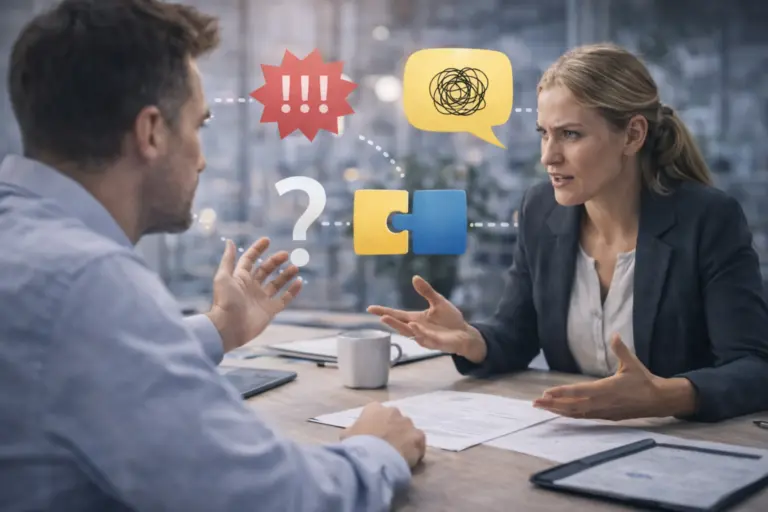 Twee collega’s in conflictgesprek tijdens training in de-escalatie en communicatie