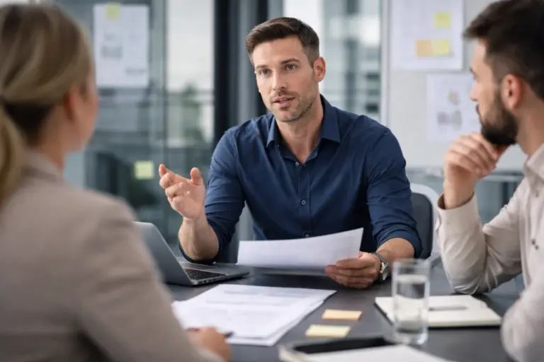Leidinggevende bespreekt besluit in teamoverleg tijdens leiderschapstraining