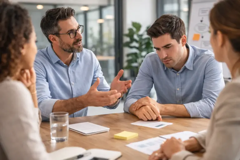 Feedbackgesprek tussen collega’s waarbij spanning zichtbaar is in kantooromgeving