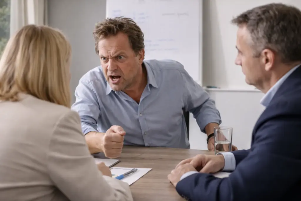 Training scenario with a trainings actor portraying an intense workplace confrontation during a professional exercise