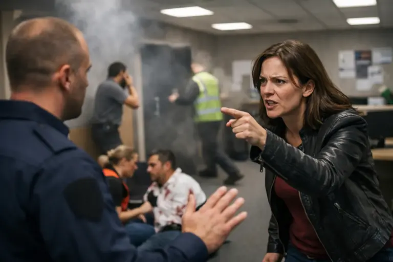 Realistic safety training scenario in an office where professionals practice de-escalation and emergency response under pressure.