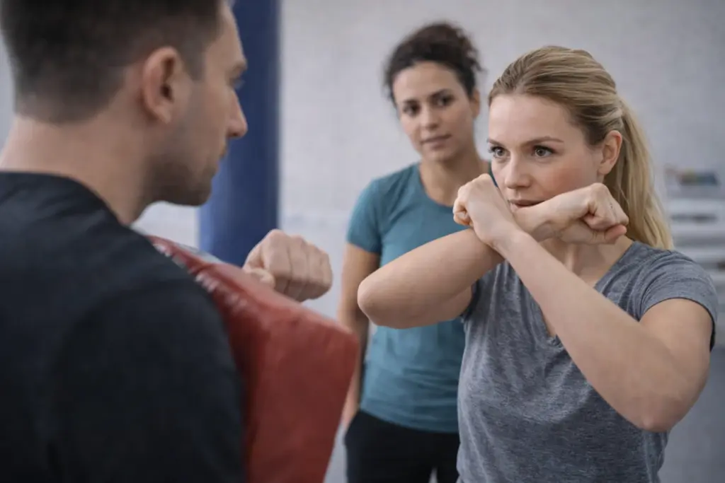 Vrouw oefent weerbaarheidstechnieken tijdens een training terwijl een instructeur een stootkussen vasthoudt en een tweede deelnemer toekijkt.