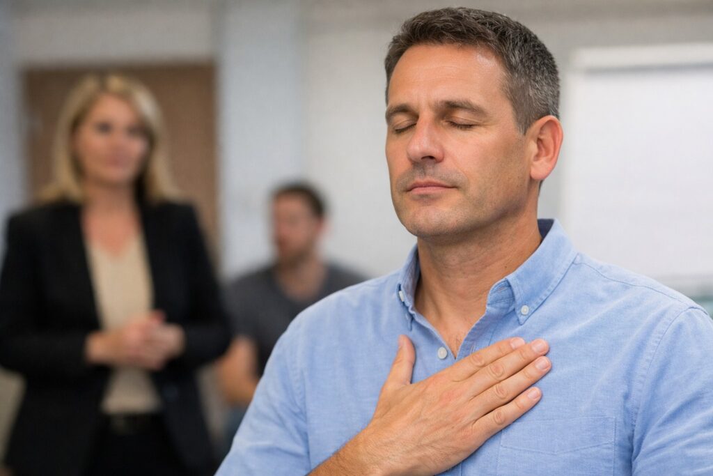 A middle-aged man with short, graying hair practices deep breathing and hand-on-chest techniques during an aggression regulation training, while a female instructor observes in a bright, neutral-toned office space with another participant blurred in the background.