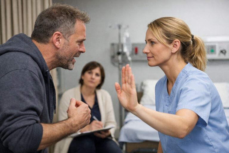Healthcare professional using calm body language to de-escalate an agitated patient during a training scenario