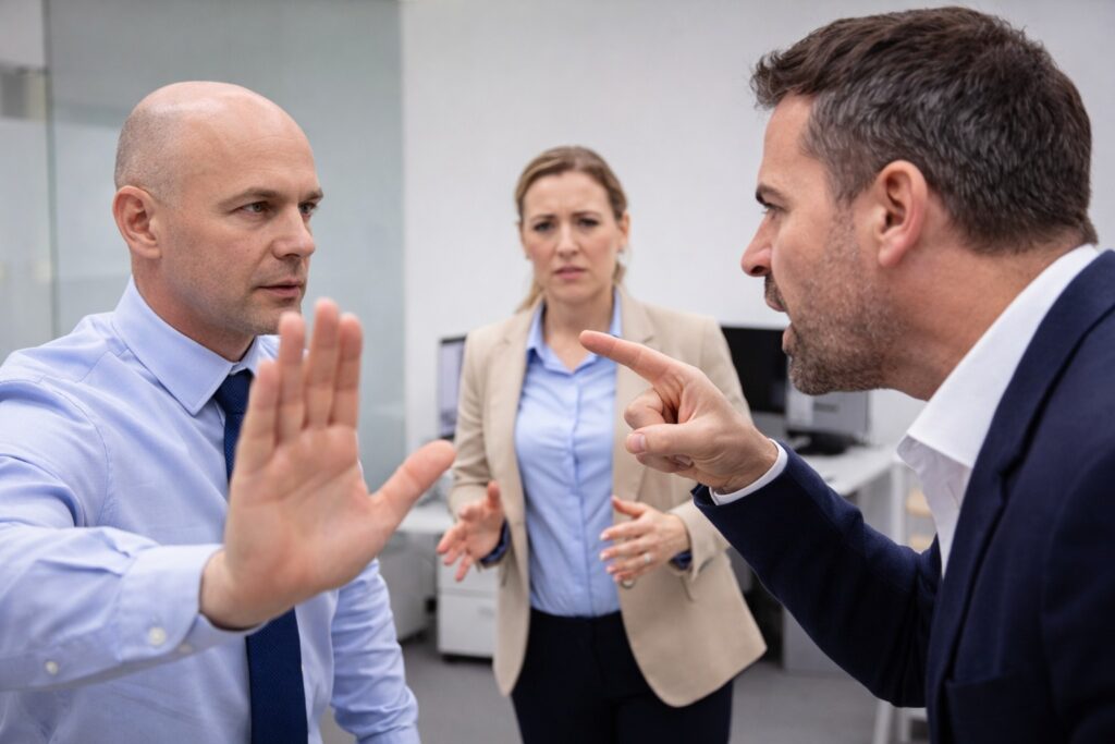 Three professionals practicing workplace aggression training in an office, with one man making a stop gesture, another man pointing and speaking assertively, and a woman observing from the background.