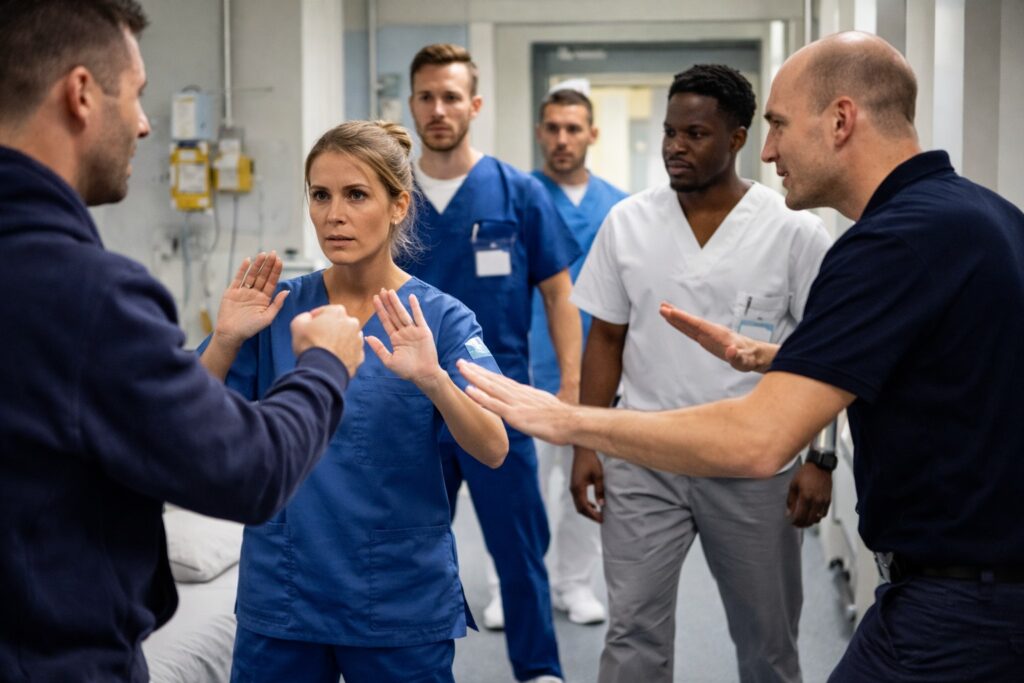 Healthcare professionals in scrubs practicing de-escalation and aggression management in a bright training room, with one staff member in a defensive stance while colleagues and an instructor observe.