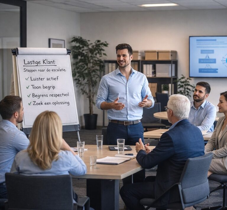 Trainer geeft een zakelijke cursus aan een groep professionals in een moderne vergaderruimte tijdens een sessie over klantgesprekken en de escalatie.