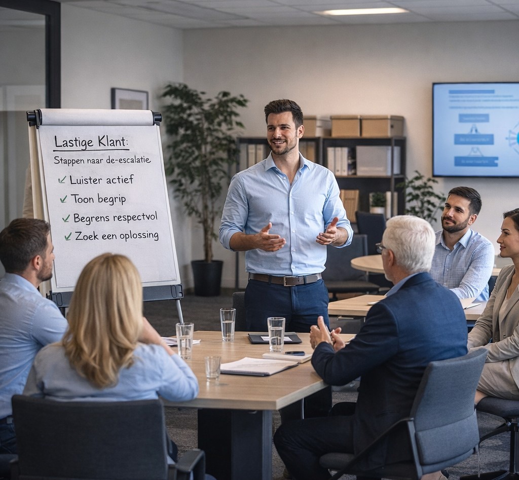 Trainer geeft een zakelijke cursus aan een groep professionals in een moderne vergaderruimte tijdens een sessie over klantgesprekken en de escalatie.