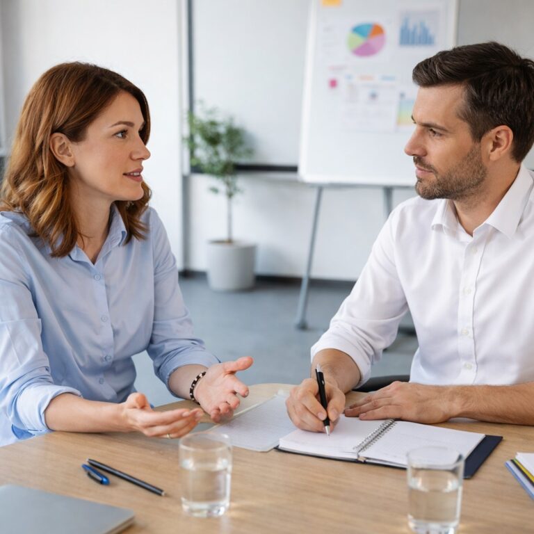 Twee professionals voeren een rustig gesprek aan een vergadertafel, terwijl de een spreekt en de ander aantekeningen maakt in een lichte kantoorruimte.