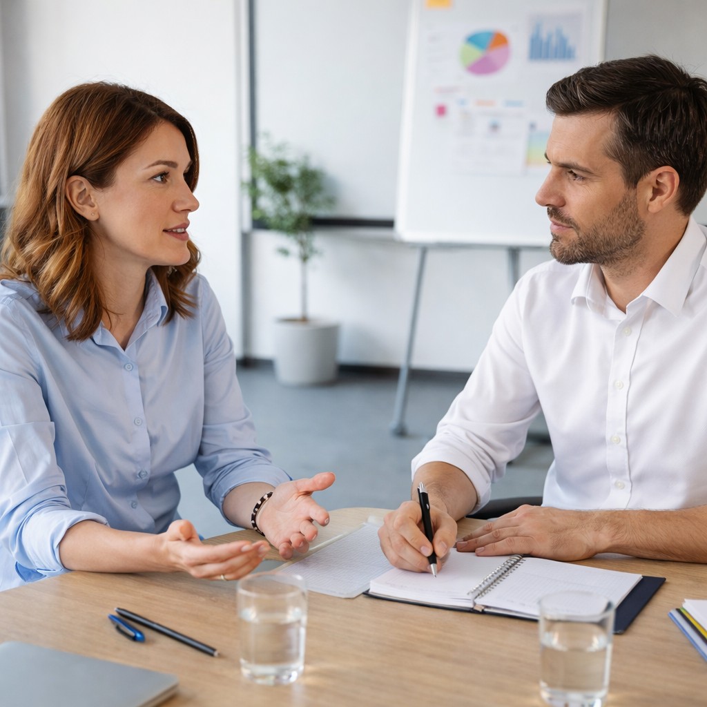 Twee professionals voeren een rustig gesprek aan een vergadertafel, terwijl de een spreekt en de ander aantekeningen maakt in een lichte kantoorruimte.