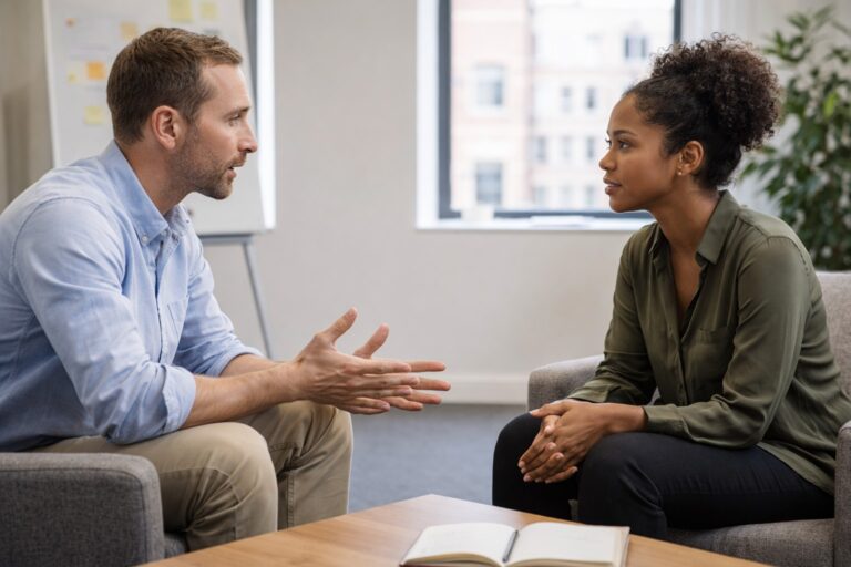 Twee professionals in een rustige kantoorruimte tijdens een open gesprek, met aandachtige lichaamstaal en een ontspannen, respectvolle sfeer.