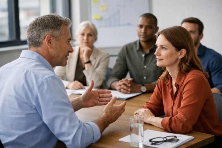 A leadership training session in a modern office, showing a man in a light blue shirt explaining a concept to a woman in a burnt orange blouse, while three colleagues observe attentively in the background.