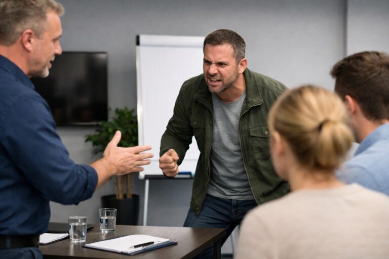 Trainer begeleidt een gespannen gesprekssituatie in een professionele trainingsruimte terwijl deelnemers observeren en de-escalatie centraal staat.