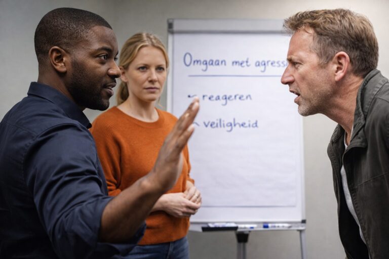 Professional training session where participants practice handling an aggressive situation with controlled communication