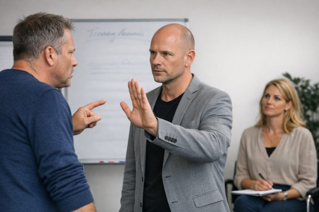 Training session with a role-play exercise where a participant sets boundaries during a realistic confrontation