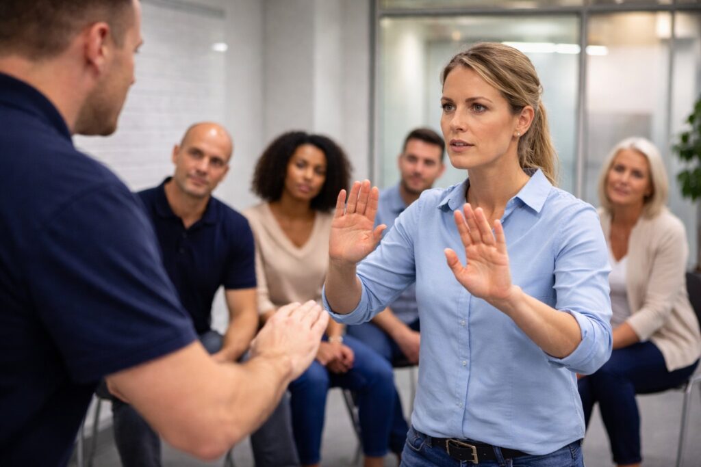 A group of professionals participating in a resilience and assertiveness training, with a woman in the foreground practicing calm, confident hand gestures while colleagues observe attentively in a bright, modern office.