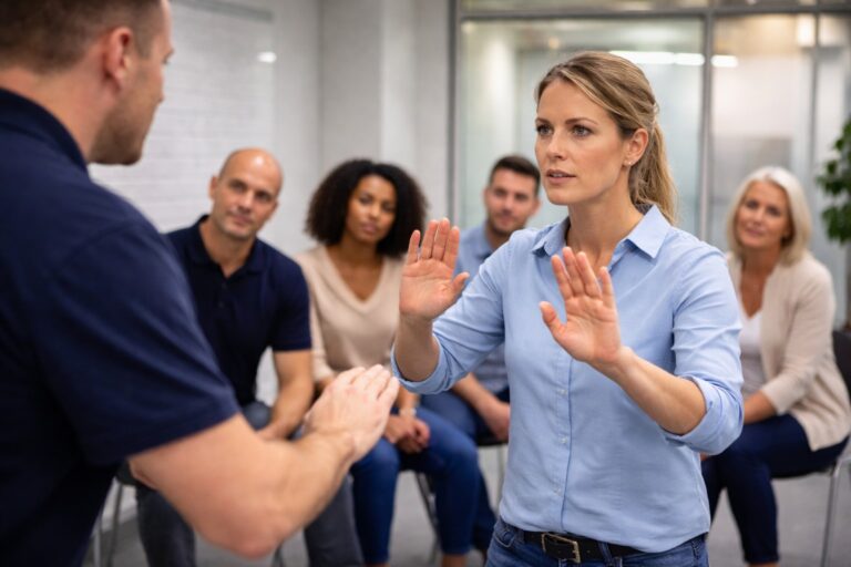 A group of professionals participating in a resilience and assertiveness training, with a woman in the foreground practicing calm, confident hand gestures while colleagues observe attentively in a bright, modern office.