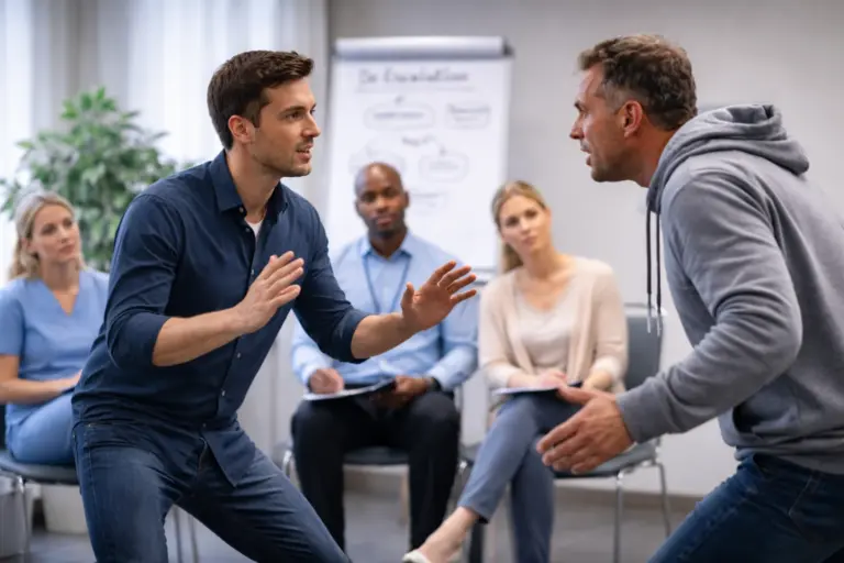 Training situatie waarin twee mannen een gespannen gesprek oefenen terwijl deelnemers toekijken tijdens een weerbaarheid of agressie training.