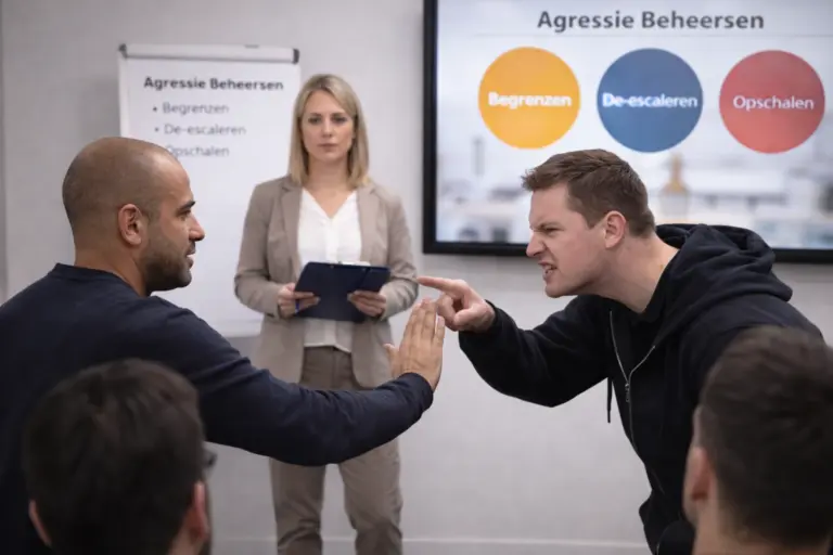 Agressie training met deelnemer die grens stelt tijdens gespannen rollenspel