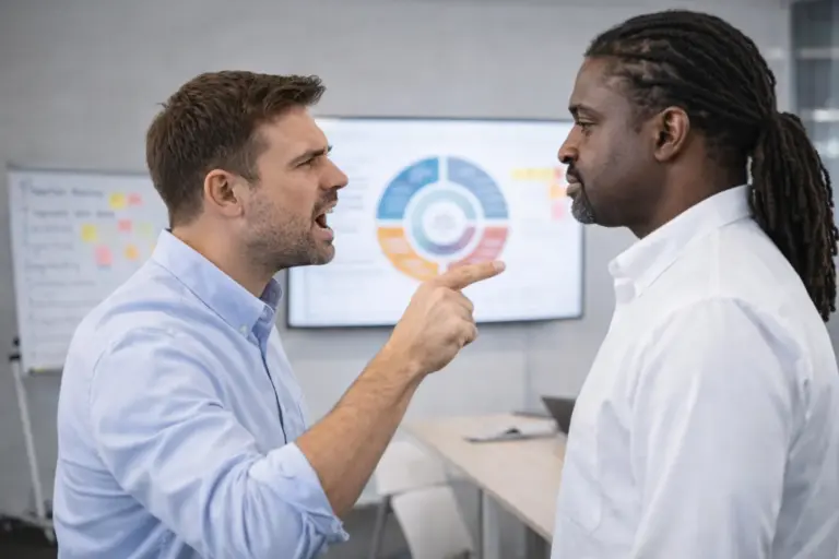 Two colleagues in a tense discussion during a workplace training scenario about conflict and aggression management.