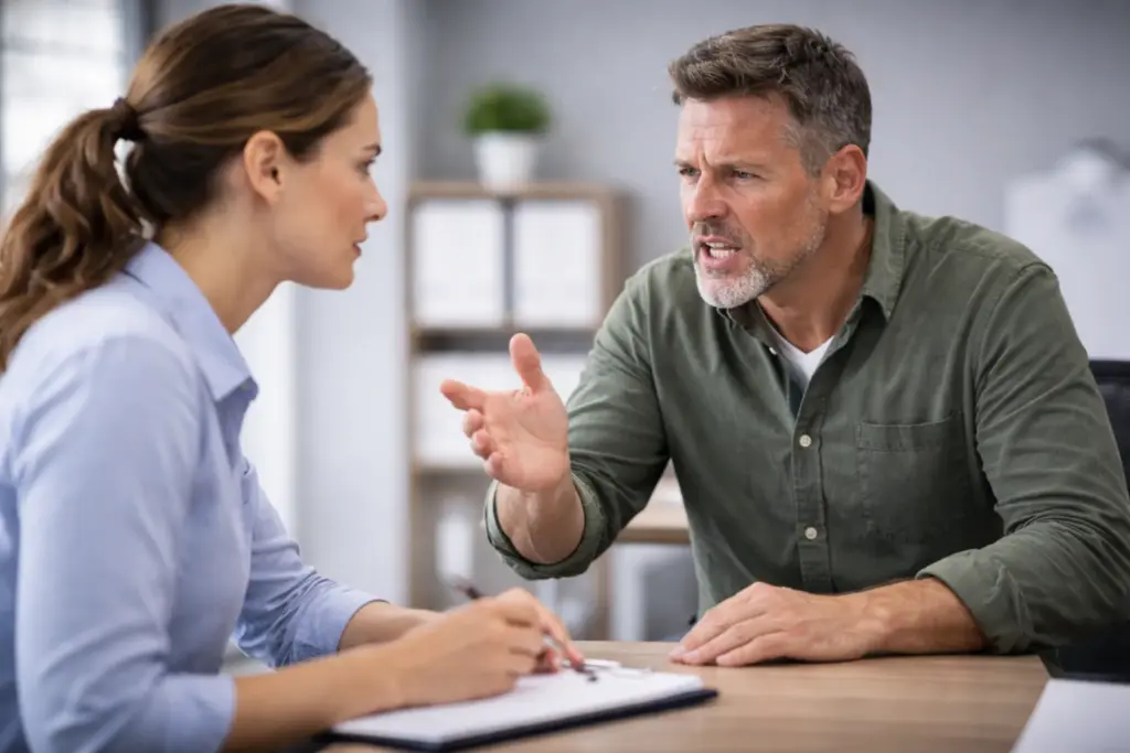 Zakelijk gesprek tussen twee personen aan een bureau waarbij een man iets uitlegt terwijl een vrouw aantekeningen maakt tijdens een overleg.
