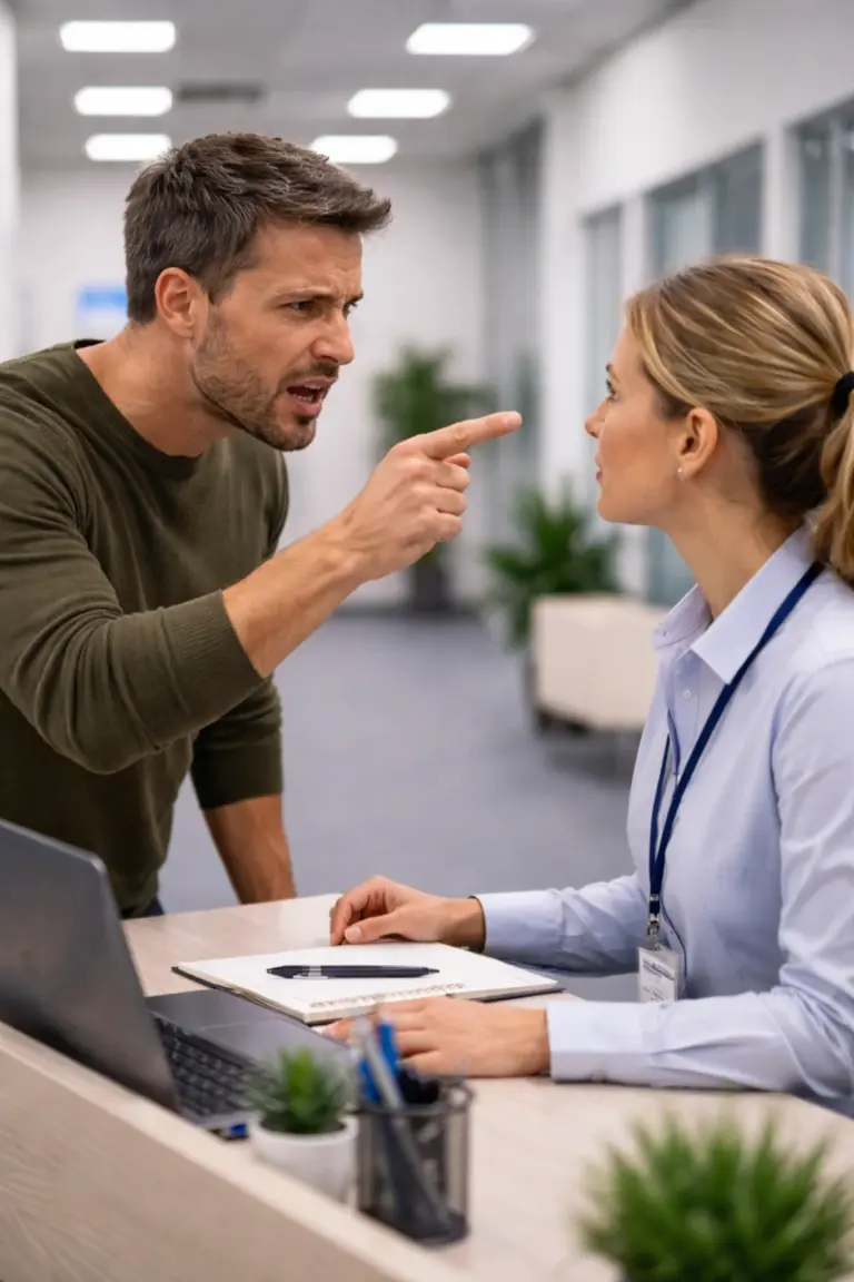 Boze klant in gesprek met rustige medewerker tijdens professioneel klantcontact