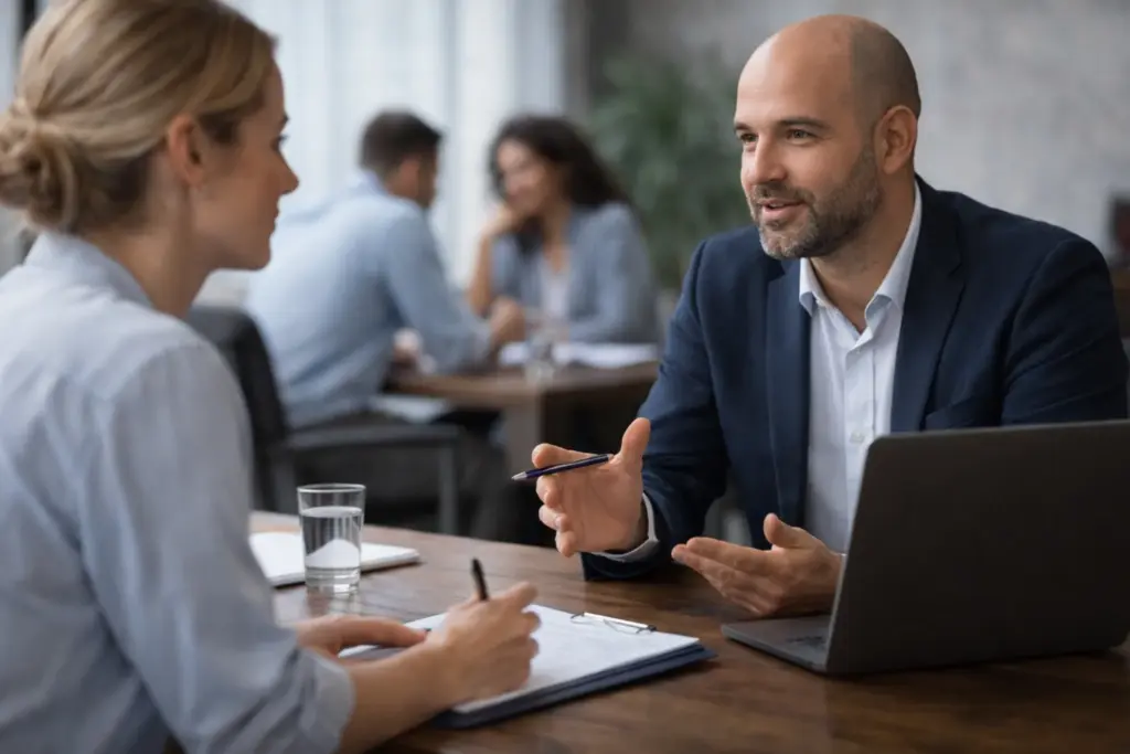 Professioneel gesprek tussen twee collega’s tijdens een training over feedback en communicatie op de werkvloer.