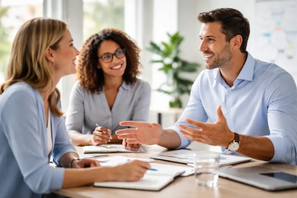 Drie professionals in gesprek tijdens een communicatietraining in een moderne en lichte kantoorruimte.