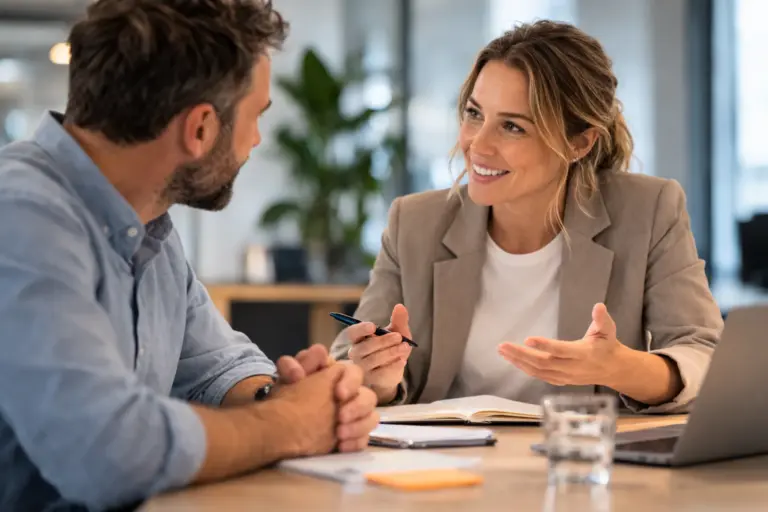 Twee professionals voeren een open gesprek tijdens een training over communicatie en feedback op de werkvloer.