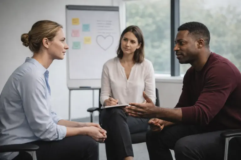 Two colleagues engaged in a calm and respectful conversation during a communication training session, observed by a facilitator in a modern office