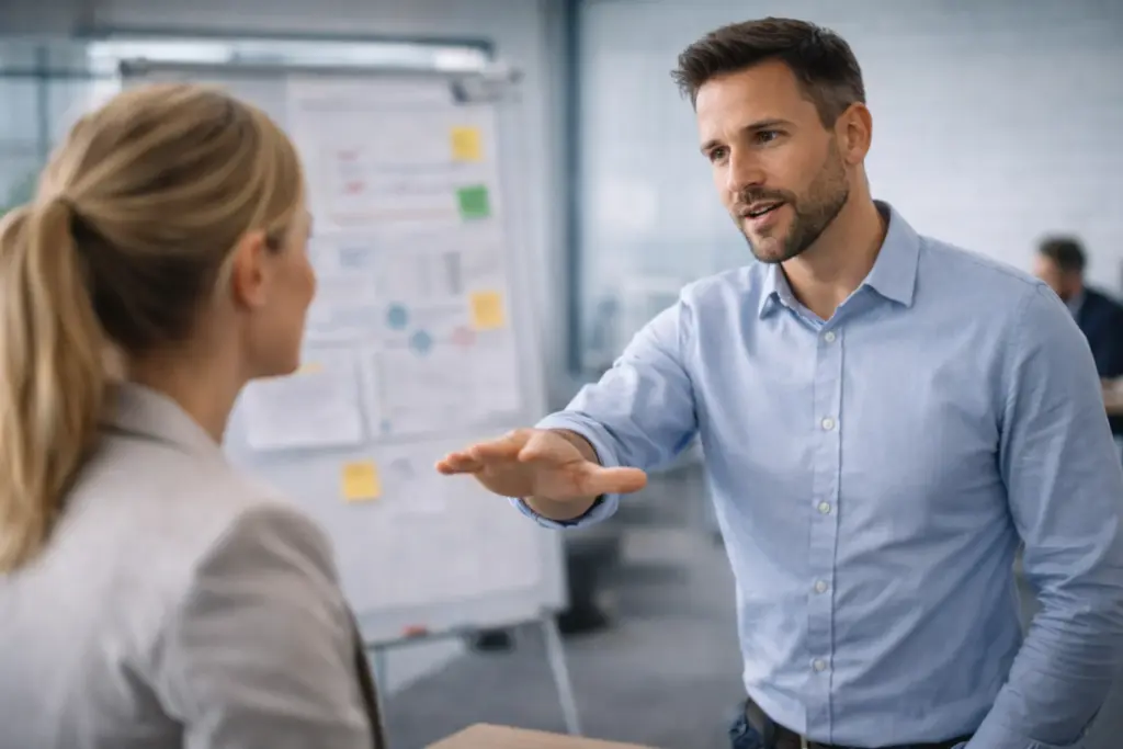 Professionele collega’s voeren een rustig gesprek tijdens een communicatietraining op kantoor.