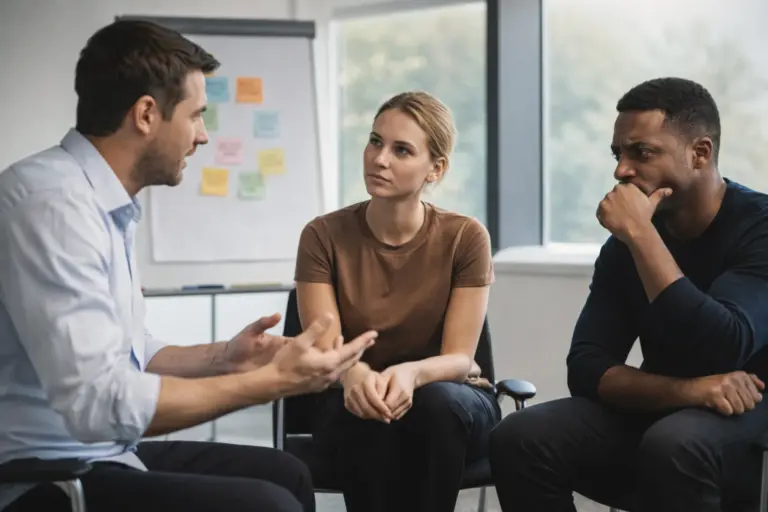 Colleagues in a professional setting discussing feedback during a training session in a modern office