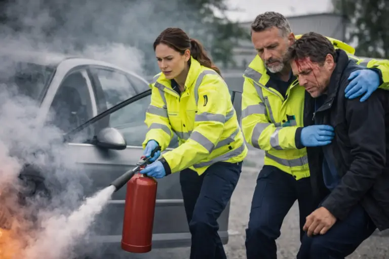 Hulpverleners in gele jassen blussen een brand bij een auto terwijl ze een gewonde man ondersteunen.